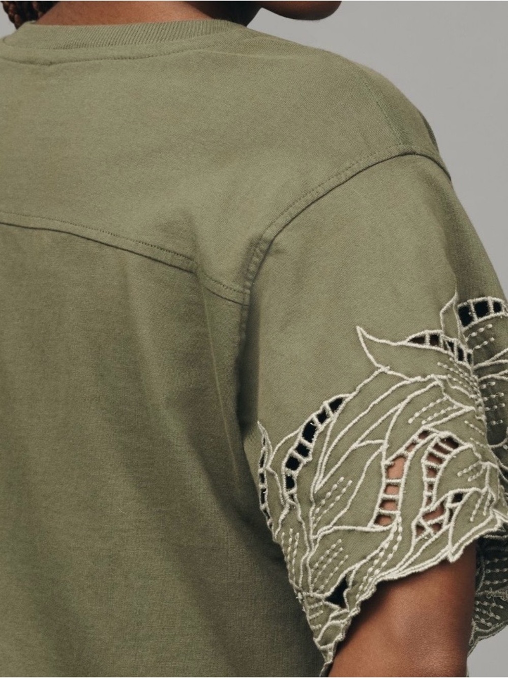 Anthropologie Olive Green Embroidered Cutwork Short Sleeve Top - Picture 7 of 8